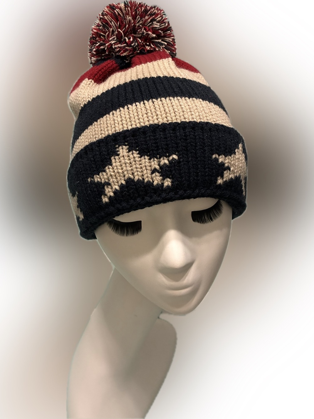 Striped Pom-Pom Knit Beanie Hat in Black, Cream & Red - Women Accessories